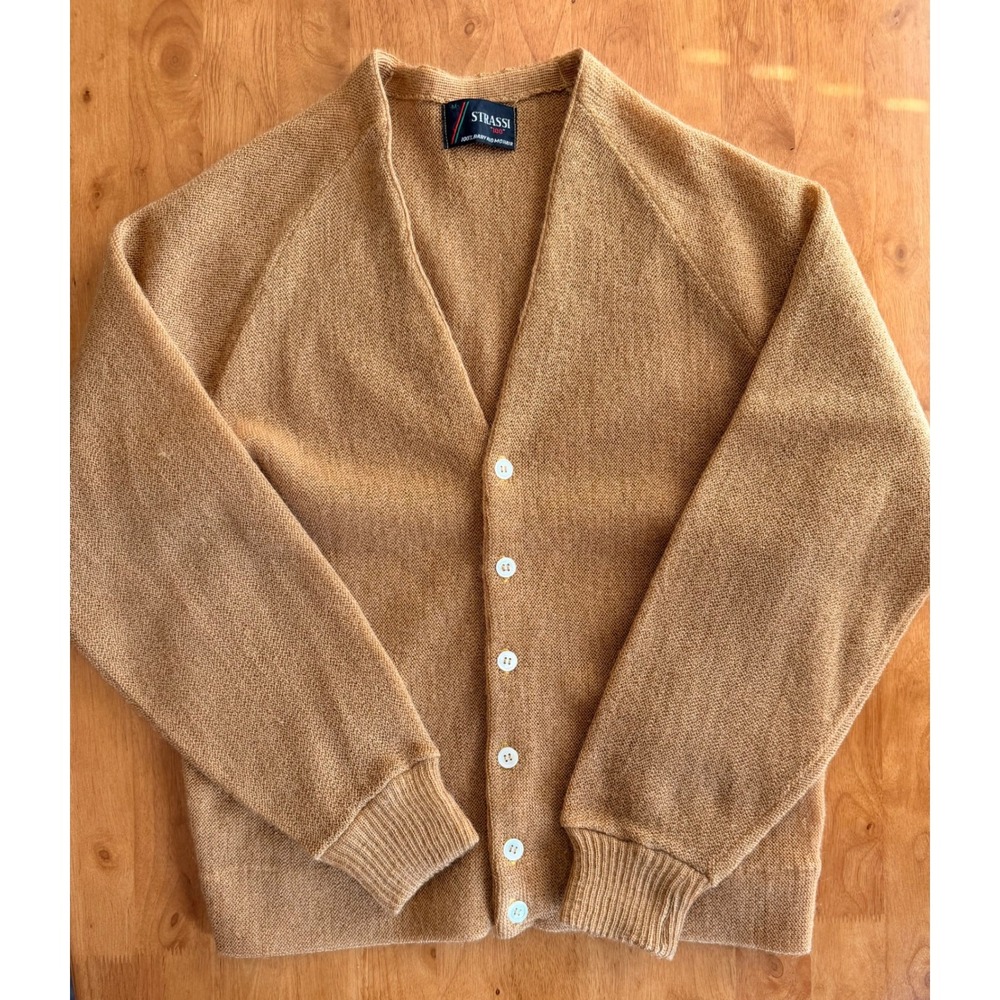 Strassi Vintage Mens‎ 100% Baby Kid Mohair Cardigan Sweater Camel Tan Medium